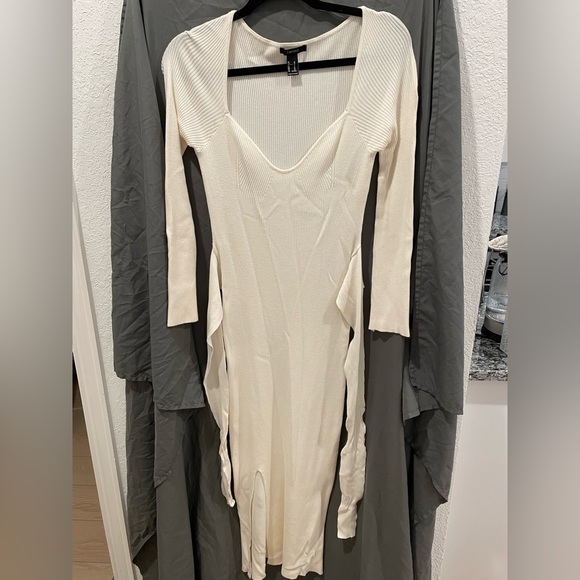 Forever 21 Tie-Waist Sweater Dress Ribbed Slit BodyCon Long Sleeved Cream M - Picture 7 of 10